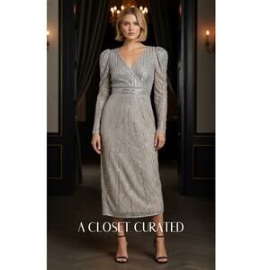 Mac Duggal Beaded Lace Long Sleeve Midi Dress 18 Silver NWT Style 93676